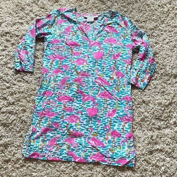 Gretchen Scott Cotton Gauze Tunic Beach Cover Up Pink Flamingos Small S EUC - Picture 1 of 15